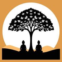 Two Silhouette Figures Meditating Under Large Black Tree With White Flowers Orange Background vector