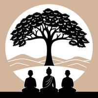 Serene Black Silhouette Monks Meditating Under Large Tree Peaceful Beige Landscape meditation vector