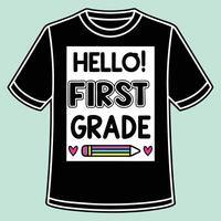Black T Shirt First Grade Design Hello First Grade Text Pencil Hearts Graphic tshirt vector
