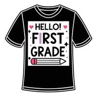 Black T Shirt Featuring Hello First Grade Design Pink Hearts Pencil tshirt vector