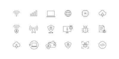 editable stroke icon set representing data protection and network security, including privacy, GDPR compliance, cyber threats, IT solutions, and digital security. vector