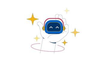 AI robot companion 2D animation. Artificial intelligence robotic toy wireless signal. Smart AI assistant with headphones animated composition cartoon flat metaphor 4K isolated on white video
