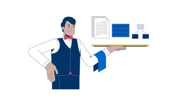 Serving up data for training AI 2D animation. Improving language model performance. Butler holding tray with datasets animated character cartoon flat concept 4K isolated on white video
