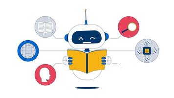 AI training 2D animation. Machine learning, artificial intelligence tech. Algorithm improvement. Robot reading dataset animated character cartoon flat concept 4K isolated on white video