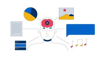 LLM training datasets 2D animation. Large language model data inputs. Deep learning. AI brain cognitive processing animated composition cartoon flat concept 4K isolated on white video