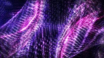 Abstract digital glowing dynamic particle waves with motion light background, data flow, cyber technology. 3d rendering. Seamless looping 4k. screensaver animation video