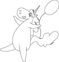 Coloring page with a happy unicorn holding a balloon vector