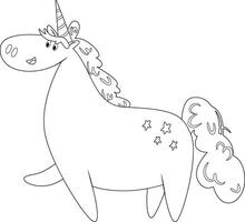 Coloring page with a unicorn that raised one leg. Unicorn with stars on its side vector