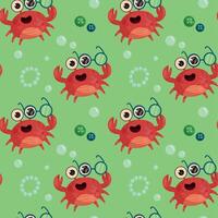 Pattern with red crab in glasses, buttons and bracelet on green background vector