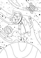 coloring page with a cat astronaut in outer space among the planets vector