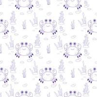 Sea Seamless Pattern. Outline Cute Crab with Algae, Seabed. Line drawing png