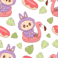 Seamless Pattern with Cute Monster Toy Floats on pink Flamingo pool png