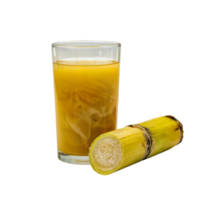 A glass of yellow juice with a sugar cane stalk on a plain setting in a studio environment shot on transparent background png