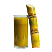 A glass of sugarcane juice with a stalk of sugarcane leaning against the glass on a plain setting on transparent background png