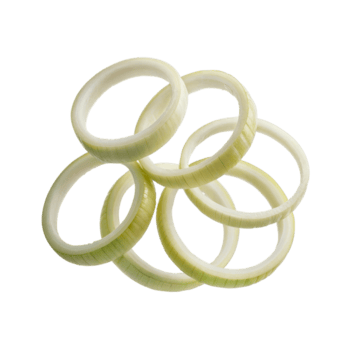 A pile of sliced onion rings stacked on top of each other in a close up studio shot on a plain backdrop on transparent background png