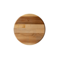 A circular wooden cutting board with light and medium brown tones on a plain colored setting around it on transparent background png