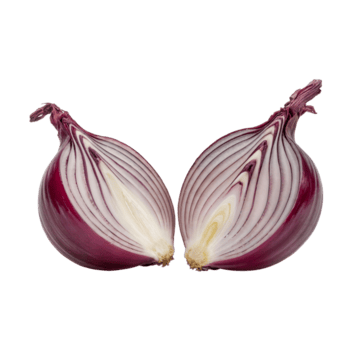 A vibrant image showcasing a halved red onion with its intricate layers on a plain surrounding area on transparent background png