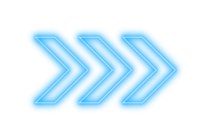 Blue bright color light neon arrow pointer pointing right with glowing effect on transparent background for designs png