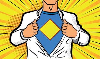 Super hero character opening shirt in a retro pop art style cartoon with halftones vector