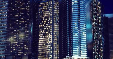 CGI City skyline illuminated at night with modern high rise buildings video