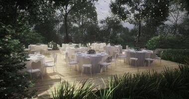 CGI Elegant outdoor dining setup with tables in a garden during evening light video