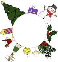 Happy New Year celebratory items Frame circle round template. graphic line ink illustration. Holiday background. for package, holiday design, fabric and textile. vector
