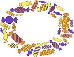 Candy sweets oval Frame template. graphic line ink illustration for the text. card for the happy sweetest day and Halloween. For logo, web, package, sticker. vector