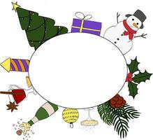 Happy New Year celebratory items oval Frame template. graphic line ink illustration. Holiday background. for package, holiday design, fabric and textile. vector