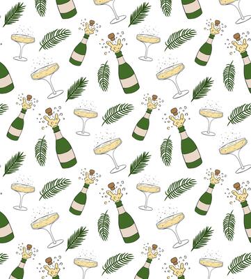 Champagne bottle, glass, pine tree branch winter Seamless pattern. graphic line ink illustration. Perfect for cards, decorations, stickers, logo, menu, various designs.