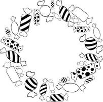 Candy sweets Frame circle round black and white template. graphic line ink illustration for the text. card for the happy sweetest day and Halloween. For logo, web, package, sticker. vector