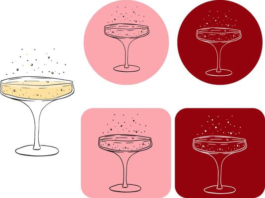 Champagne Glass with Splashes logotype. graphic line ink illustration. Perfect for cards, decorations, stickers, logo, menu, various designs. For logo, web, package, sticker.