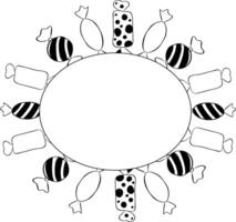 Candy sweets lollipop oval Frame black and white template. graphic line ink illustration. illustration for backgrounds, and textures, borders fashion graphics, textile prints, fabrics, wallpapers. vector