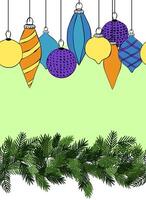 Pine tree branch and Christmas toys Frame seamless border template. graphic line ink illustration. Perfect for cards, decorations, stickers, logo, menu, various designs. vector