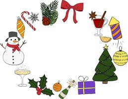 Christmas new year holiday objects, symbols and items. Frame oval template. graphic line ink illustration. Perfect for cards, decorations, stickers, logo, menu, various designs. vector