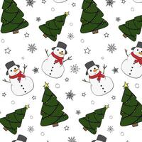 Snowflakes, snowman and Christmas trees Seamless pattern. graphic line ink illustration. Festive Christmas texture for bedsheets, pajamas, wrapping papers. vector