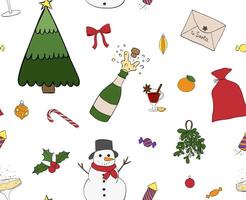 Seamless pattern with Christmas tree, snowflake, golden star. Christmas, new year design graphic line ink illustration. Cute hand drawn flat design For logo, web, package, sticker. vector