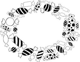 Candy sweets oval Frame black and white template. graphic line ink illustration for the text. card for the happy sweetest day and Halloween. For logo, web, package, sticker. vector