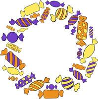 Candy sweets Frame circle round template. graphic line ink illustration for the text. card for the happy sweetest day and Halloween. For logo, web, package, sticker. vector