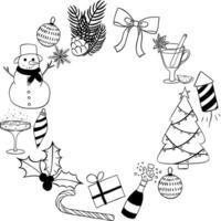 Christmas holiday objects, black and white symbols and items. Frame circle round template. graphic line ink illustration. Perfect for cards, decorations, stickers, logo, menu, various designs. vector