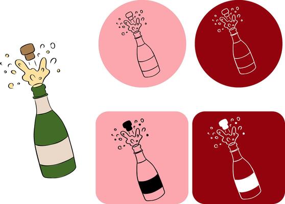 Champagne bottle logotype. Holiday toast. graphic line ink illustration. for package, holiday design, fabric and textile. For poster, flyer, banner, invitation, social media, party or sale