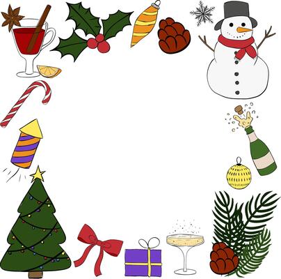 Happy Holidays Winter Holiday Frame circle round template. graphic line ink illustration. Christmas wreath. New Year For poster, flyer, banner, invitation, social media, party or sale
