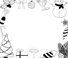 Christmas items rectangle black and white Frame template. graphic line ink illustration. Banner, poster, wrapping paper, sticker, print, modern textile design. For logo, web, package, sticker. vector