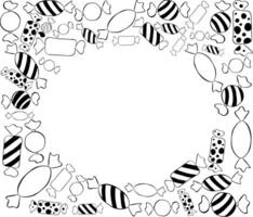 Candy shop lollipops colorful sweets black and white oval in rectangle Frame template. graphic line ink illustration. For poster, flyer, banner, invitation, social media, party or sale vector