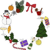 Christmas new year holiday objects, symbols and items. Frame circle round template. graphic line ink illustration. Perfect for cards, decorations, stickers, logo, menu, various designs. vector