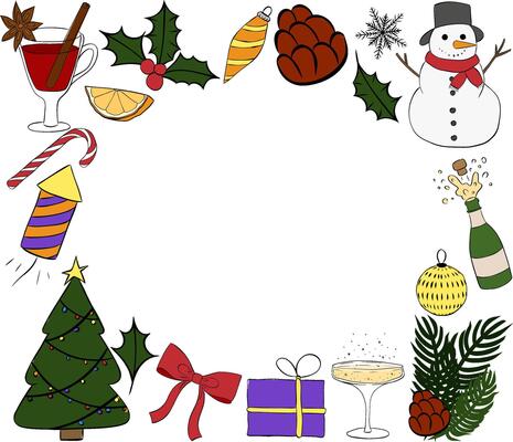Happy Holidays Winter Holiday oval in rectangle Frame template. graphic line ink illustration. Christmas wreath. New Year For poster, flyer, banner, invitation, social media, party or sale