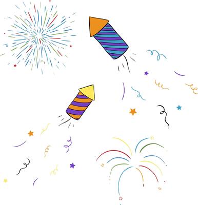firework composition set. graphic line ink illustration. Silhouette sign for logo, print, comics, fashion, pop art, boards, design, stickers, decoration, posters banner, invitation
