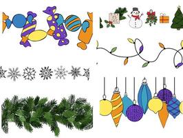 Christmas theme seamless border set. graphic line ink illustration. Template with a christmas elements. Perfect for cards, decorations, stickers, logo, menu, various designs. vector