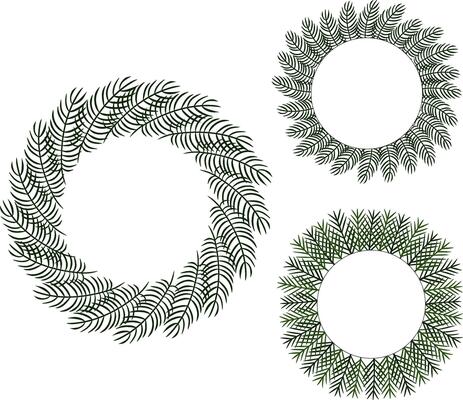 Christmas tree branches Circle round frame set template. graphic line ink illustration. Evergreen xmas pine decoration garlands. for package, holiday design, fabric and textile.
