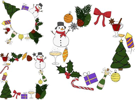 Merry Christmas and Happy New Year Circle round frame set template. graphic line ink illustration. Christmas Tree, branches, balls, snowflake. Luxury element for invitation, banner, poster