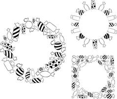 Candy Circle round frame set template. Black and white graphic line ink illustration. Christmas colored border with stripes set. Perfect for cards, decorations, stickers, logo, menu vector